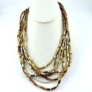 Chico's Multi Strand Gold Square Beaded Cascade Bib Necklace Disco Boho Chic